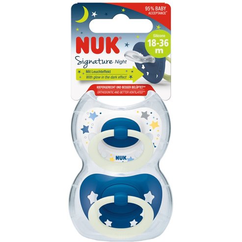 Nuk Signature Night Silicone Soother 18-36m, 2 бр - Синьо