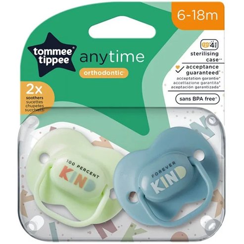 Tommee Tippee Anytime Orthodontic Silicone Soother 6-18m, 2 бр - Синьо / светло зелено