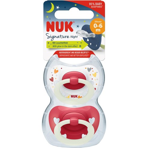 Nuk Signature Night Silicone Soother 0-6m, 2 бр - червено