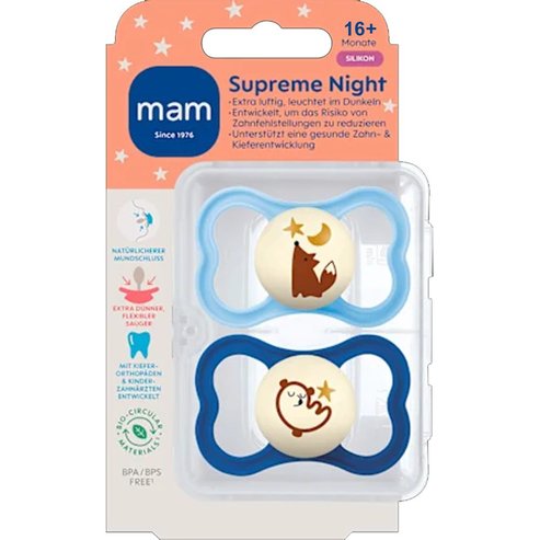 Mam Supreme Night Silicone Soother 16m+, 2 Τεμάχια, Κωδ 298SBc - Γαλάζιο / Μπλε
