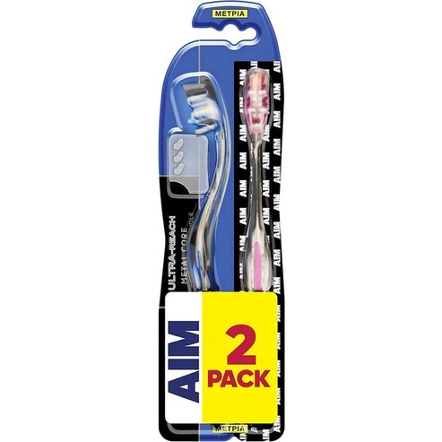 AIM Promo Ultra Reach Metal Core Medium Toothbrush 2 Τεμάχια - Μαύρο / Ροζ