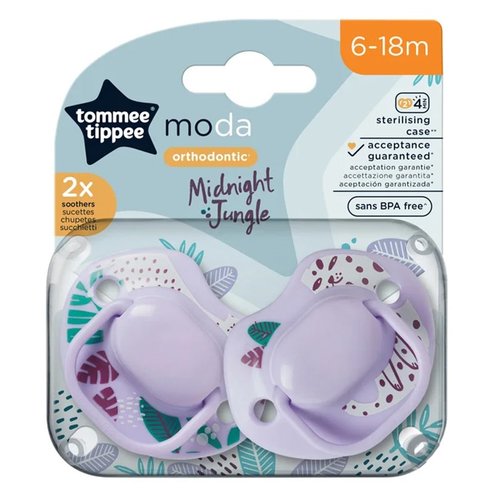 Tommee Tippee Moda Orthodontic Midnight Jungle Silicone Soother 6-18m, 2 броя - Лилаво / Лилаво