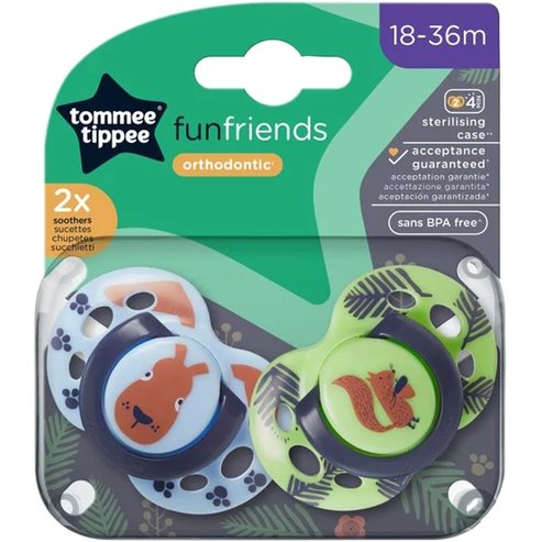 Tommee Tippee Fun Friends Orthodontic Silicone Soother 18m-36m, 2 броя Светлосиньо/Зелено