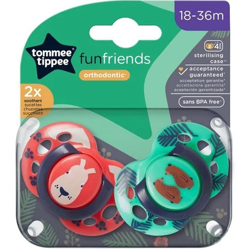 Tommee Tippee Fun Friends Orthodontic Silicone Soother 18m-36m, 2 броя Червено/Зелено