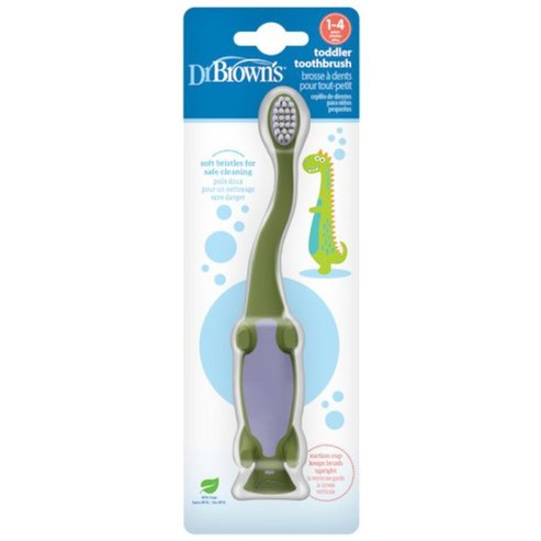 Dr Brown\'s Toddler 1-4 Years Toothbrush Детска четка за зъби с меки влакна за чувствителни венци & основа с вендуза за съхранение 1 брой - Зелен динозавър