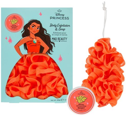 Mad Beauty Promo Disney Princess Body Exfoliator & Ginger Pear Soap Ексфолираща гъба за тяло & хидратиращ сапун, вдъхновен от Moana, с аромат на джинджифил и круша 100g