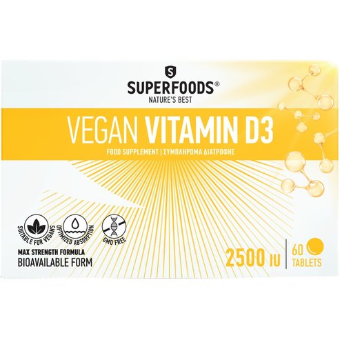 Superfoods Vegan Vitamin D3 2500 IU Хранителна добавка с витамин D3, подходяща за вегани & за поддържане на нормалната функция на имунната система, костите & мускулите 60tabs