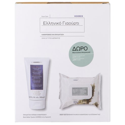 Пакет за оферта Korres Гръцко кисело мляко Почистващ крем за лице 150 мл и Почистване на подаръци и почистване на грим 30 кърпич