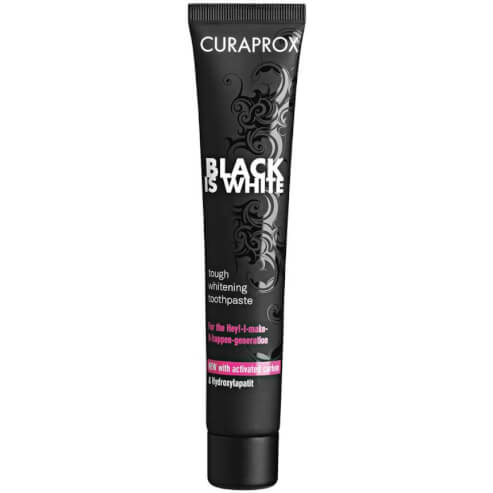 Curaprox Black is White Tough Whitening Toothpaste Избелваща паста за зъби с активен въглен и пресен аромат на лайм и мента 90ml