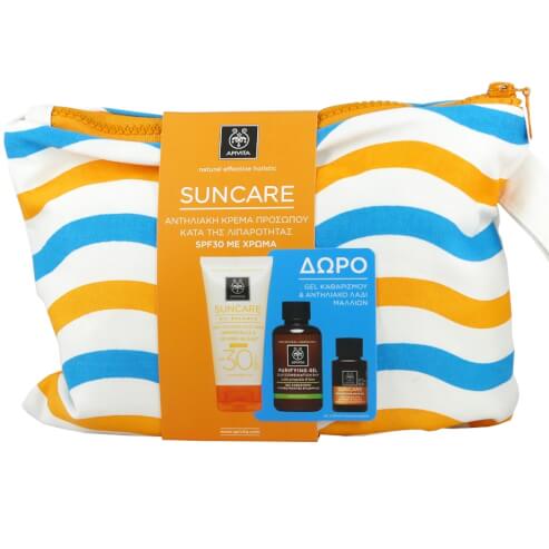 Apivita Комплект Suncare Oil Balance Tinted Light Texture Face Cream SPF30, 50ml & Почистващ гел 75ml & Hair Oil 20ml & Несесер