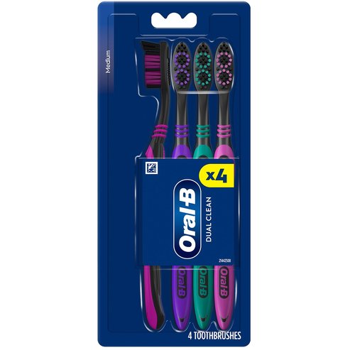 Oral-B Dual Clean Medium Toothbrush Ръчна четка за зъби Medium с влакна, достигащи труднодостъпните зони, за цялостно почистване и защита, 4 броя - Розов - Лилав - Тюркоазен