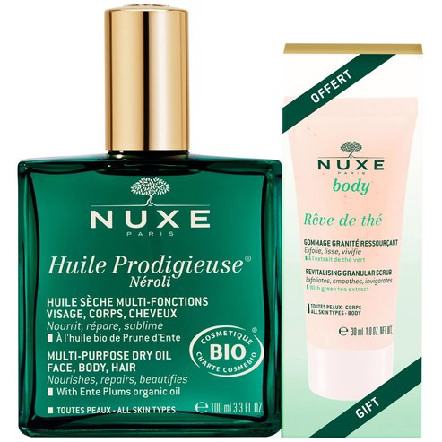 Nuxe PROMO PACK Huile Prodigieuse Neroli Multi-Purpose Face, Body & Hair Dry Oil 100ml & Подарък Body Reve de The Revitalising Granular Scrub 150ml