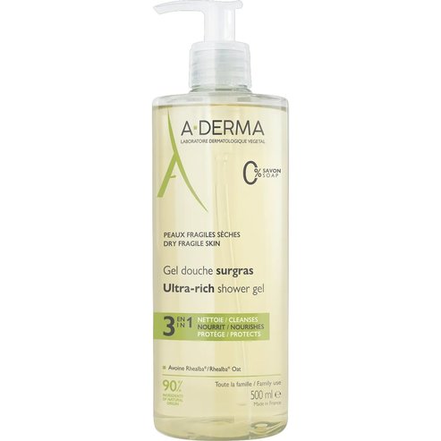 A-Derma Ultra Rich Shower Gel Ултрабогатен почистващ гел за суха и чувствителна кожа, подходящ за лице и тяло, с помпа 500ml