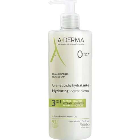 A-Derma Hydrating Shower Cream Хидратиращ кремообразен почистващ продукт за тънка, чуплива кожа, лице, тяло и коса, с помпа 500ml