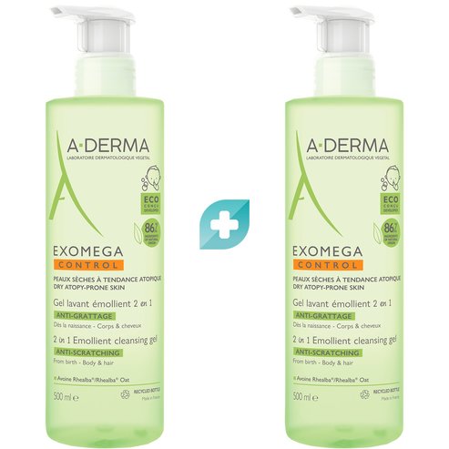 A-Derma Promo Exomega Control 2 in 1 Anti-Scratching Emollient Cleansing Gel 1000ml (2x500ml)