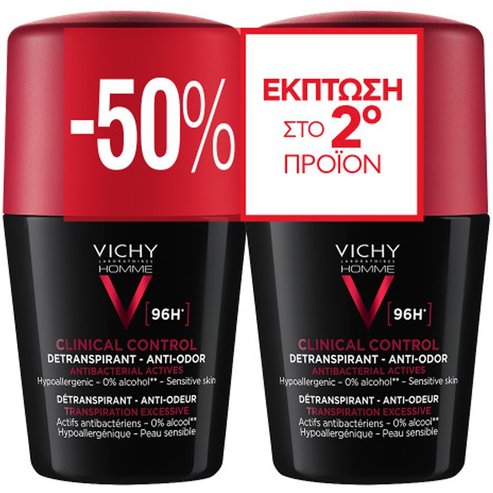Vichy Homme Clinical Control Detranspirant Anti-Odor Roll-on 96h 100ml (2x50ml)