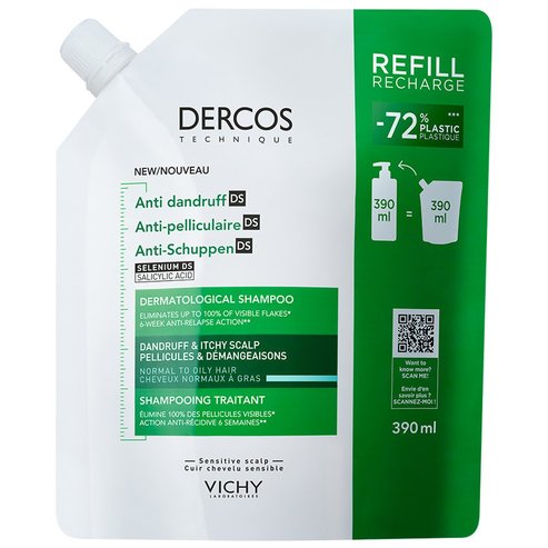 Vichy Dercos Anti-Dandruff Dermatological Shampoo for Normal to Oily Hair - Refill 390ml