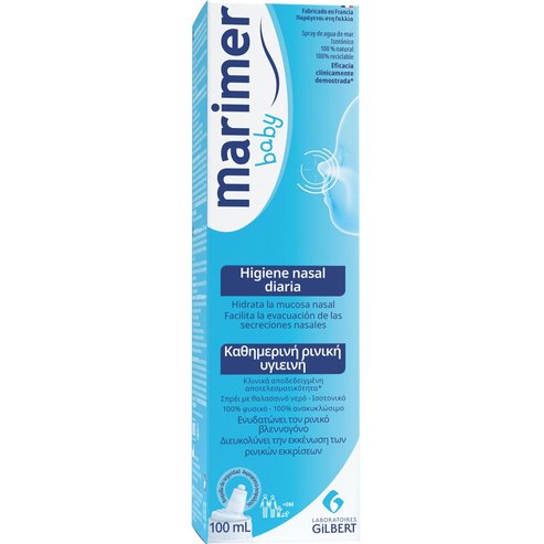 Marimer Baby Nasal Hygiene Spray Изотоничен назален спрей за бебета със 100% натурална морска вода с концентрация 0,9% идеален за ежедневна носна хигиена от раждането 100ml