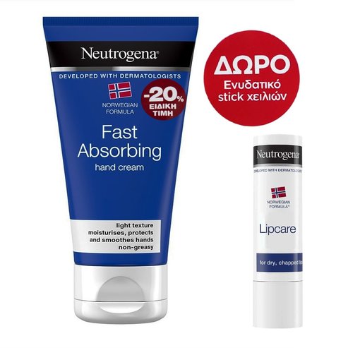 Neutrogena PROMO PACK Fast Absorbing Hand Cream 75ml & Подарък Neutrogena Lip Care Stick 4.8gr