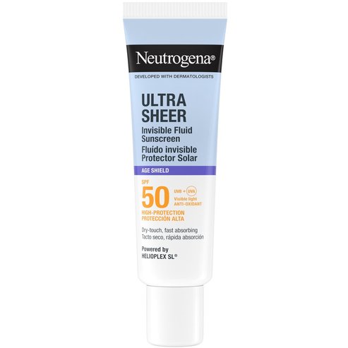 Neutrogena Ultra Sheer Age Shield Sunscreen Invisible Spf50 Fluid Високозащитен слънцезащитен крем за лице с тънка текстура срещу признаци на преждевременно стареене за всички типове кожа 50ml
