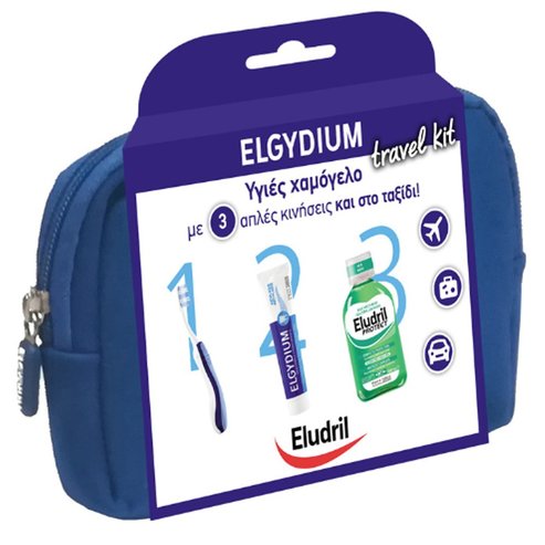 Elgydium Dental Travel Kit Комплект за пътуване с четка за зъби, паста за зъби, вода за уста и тоалетни принадлежности в синьо