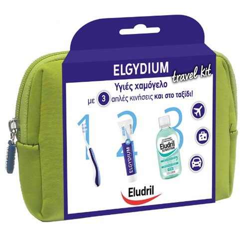 Elgydium Dental Travel Kit Комплект за пътуване с четка за зъби, паста за зъби, вода за уста и тоалетни принадлежности в зелен цвят