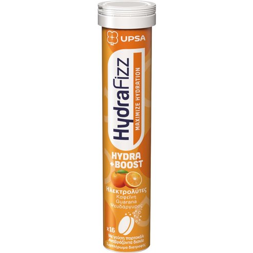 Upsa Hydrafizz Hydra Boost Hydrolytes хранителна добавка с електролити за хидратация и за тонизиране на енергията и бодростта с кофеин и вкус на портокал 16 Effer.tabs