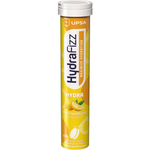 Upsa Hydrafizz Hydra Hydrolytes хранителна добавка с електролити за хидратация и подкрепа на организма срещу оксидативен стрес с вкус на лимон 16 Effer.tabs