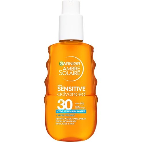 Garnier Ambre Solaire Spf30 Sensitive Advanced Hydrating Sun Water Хидратираща двуфазна слънцезащитна вода с висока защита за тяло, лице и коса с хиалуронова киселина 150ml