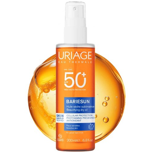 Uriage Bariesun Beautifying Spf50+ Satin Finish Dry Oil Spray Слънцезащитно сухо олио за лице, тяло и коса с много висока защита, подходящо за чувствителна кожа 200ml
