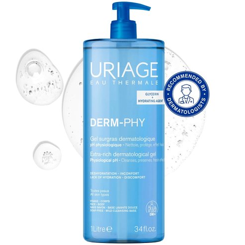 Uriage Derm Phy Extra-Rich Dermatological Cleansing Gel Изключително богат дерматологичен измиващ гел за лице и тяло, подходящ от раждането 1L