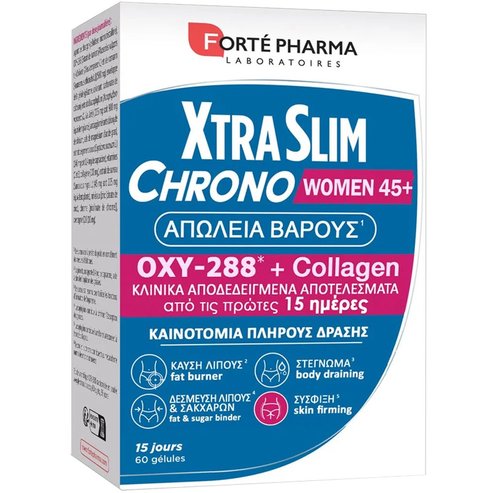 Forte Pharma XtraSlim Chrono Women 45+ Формула за хранителна добавка с растителни екстракти, витамини, минерали и колаген, специално разработена за жени над 45 години за изгаряне на мазнини, изсушаване и стягане 60caps
