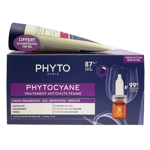 Phyto PROMO PACK Phytocyane Anti-Hair Loss Treatment for Women with Progressive Hair Loss 12x5ml & Подарък Phytocyane Anti Hair Loss Treatment Complement Shampoo 100ml