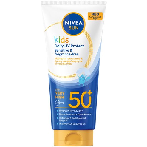 Nivea Sun Kids Daily UV Protect Spf50+ Lotion Детски слънцезащитен лосион за лице и тяло с много висока защита, без аромат 100ml