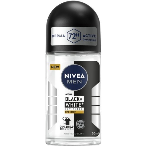 Nivea Men Black & White Invisible Epic Night 72h Protection Deo Roll-on 50ml,Мъжки Дезодорант с 72-часова Защита за Кожа & Дрехи