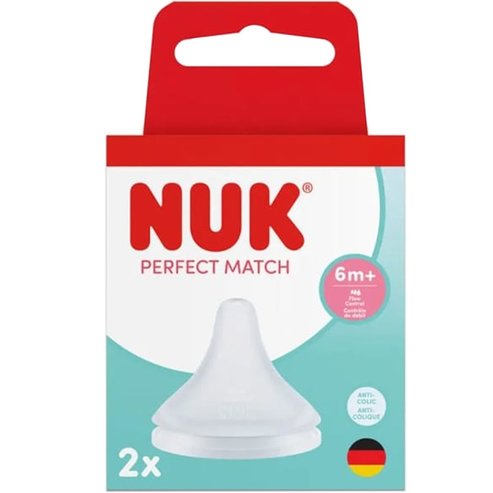 Nuk Perfect Match Flow Control 6m+ Teat Силиконови биберони против колики, подходящи за бебета от 6 месеца & нагоре 2 броя