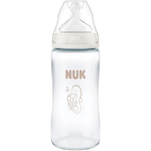 Nuk First Choice Plus Glass Bottle Temperature Control Silicone Medium 3m+, Γυάλινο Μπιμπερό με Θηλή Σιλικόνης Κατά των Κολικών & Δείκτη Ελέγχου Θερμοκρασίας από 3 Μηνών και Άνω 240ml - Seahorse Λευκό