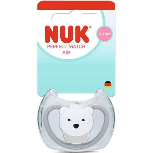 Nuk Perfect Match Air Silicone Soother 6-18m Ортодонтска силиконова залъгалка с мек биберон, дизайн с много добра вентилация & с кутийка за стерилизация 1 брой Polar Bear сива