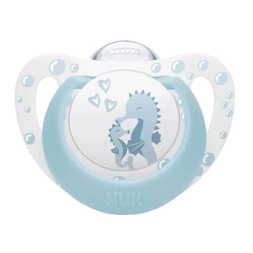 Nuk First Choice Silicone Soother 0-6m Ортодонтска силиконова залъгалка с калъф, 1 брой - бяла - светло синя