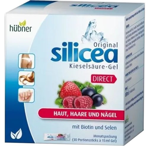 Hubner Silicea Direct Хранителна добавка под формата на гел за пиене за подкрепа на здрава кожа, силна коса & здрави нокти с червени горски плодове 30 Sachets