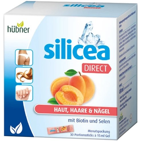 Hubner Silicea Direct Хранителна добавка под формата на гел за пиене за подкрепа на здрава кожа, силна коса & здрави нокти с вкус кайсия 30 Sachets