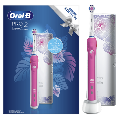 Oral-B Pro 2 2500 Design Pink Електрическа четка за зъби за дълбоко почистване и сензор за налягане на венците и подаръчен калъф