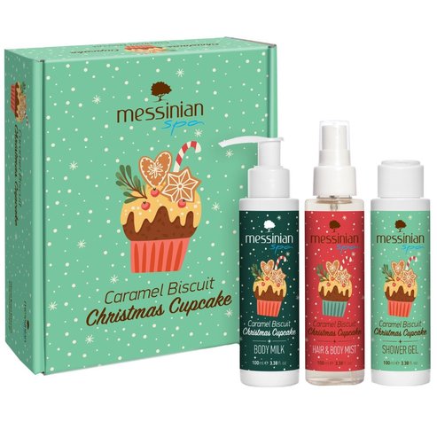 Messinian Spa Promo Caramel Biscuit Christmas Box Cupcake Shower Gel 100ml & Hair & Body Mist 100ml & Body Milk 100ml