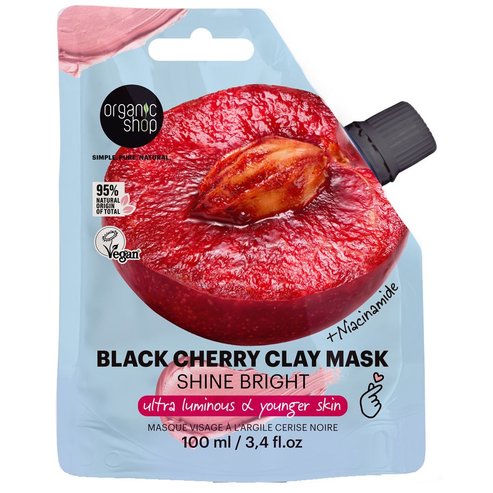 Organic Shop Shine Bright Black Cherry with Niacinamide Clay Mask Маска за лице с глина, черна череша & ниацинамид за сияйна кожа & ревитализация 100ml