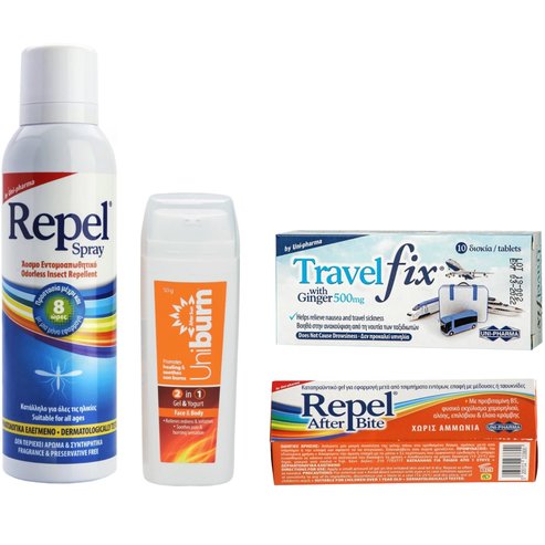 Uni-Pharma Комплект Repel Spray 150ml & Repel After Bite Gel 20ml & Uniburn After Sun 50gr & Travel Fix with Ginger 500mg 10tabs