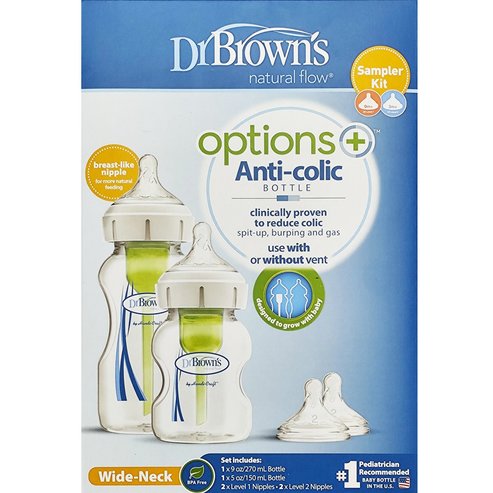 Dr. Brown’s Promo Options+ Anti-colic Plastic Bottle Wide Neck 0m+ (1x270ml) & (1x150ml) & Natural Flow Level 1 & Level 2 Silicone Teat (2x2бр)