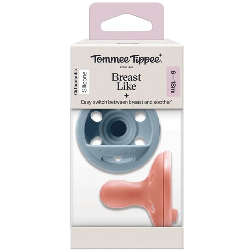 Tommee Tippee Breast Like Orthodontic Silicone Soother 6-18m Ортодонтски силиконови залъгалки, наподобяващи зърното на гърдата 2 броя - Сиво / Сьомга