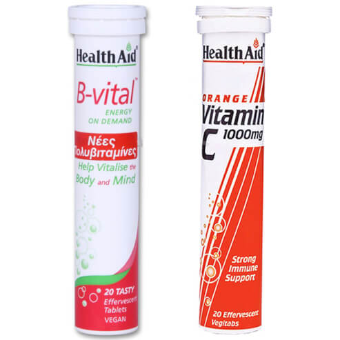 Health Aid Промо к-т B-Vital Витамин B-комплекс + витамин С и минерали & Vitamin C 1000mg портокал 1+1 Подарък 2x20 ефер.табл.