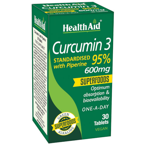 Health Aid Curcumin 3 600mg Хранителна добавка с антиоксидантен куркумин и пиперин за максимално усвояване 30 табл.