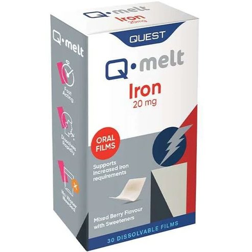 Quest Melt Iron 20mg Хранителна добавка с желязо за производство на енергия, намаляване на умората, добра функция на имунната система и нормална когнитивна функция, с подсладители и вкус на горски плодове 30 орално диспергиращи се ленти
